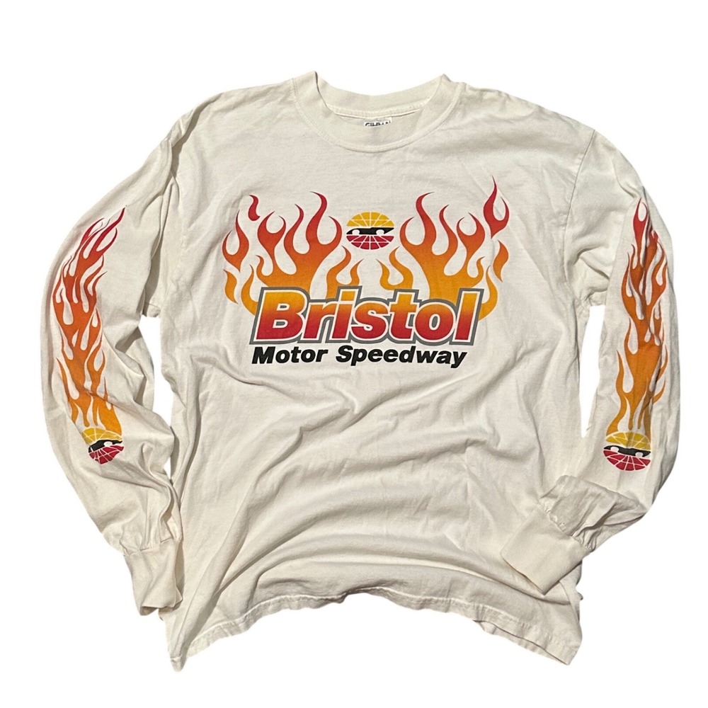 Bristol Motor Speedway Long Sleeve T Shirt Flames‎ Graphic White Size L Gildan